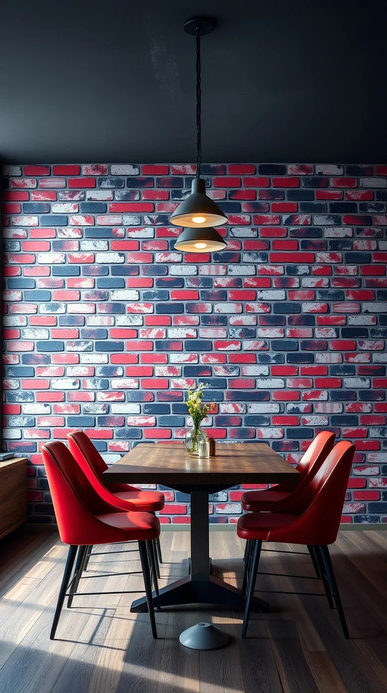 Rustic brick wallpaper in a cozy dining room setting