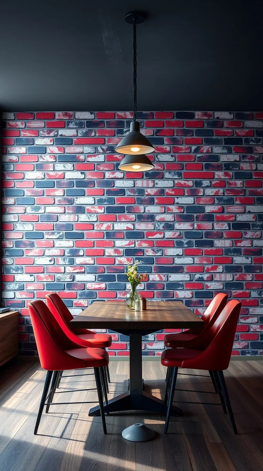 Rustic brick wallpaper in a cozy dining room setting