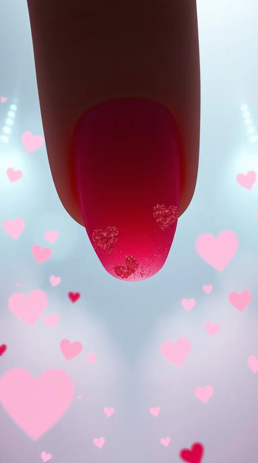 Soft pink Valentine’s Day nail art with ombre gradients, heart details, and a glossy finish for a cute aesthetic.