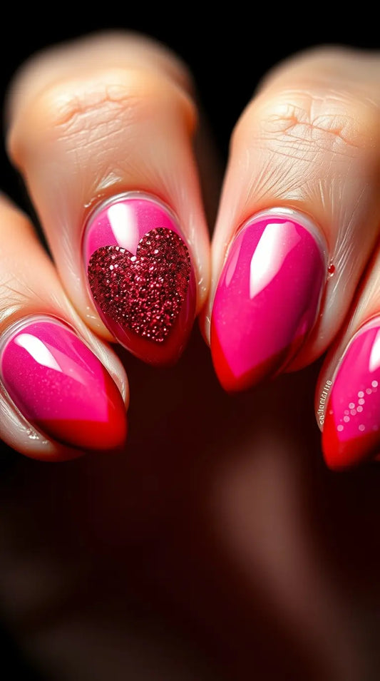 Trendy Valentine’s Day nail designs with heart accents, ombre red, and glittery love-inspired art.