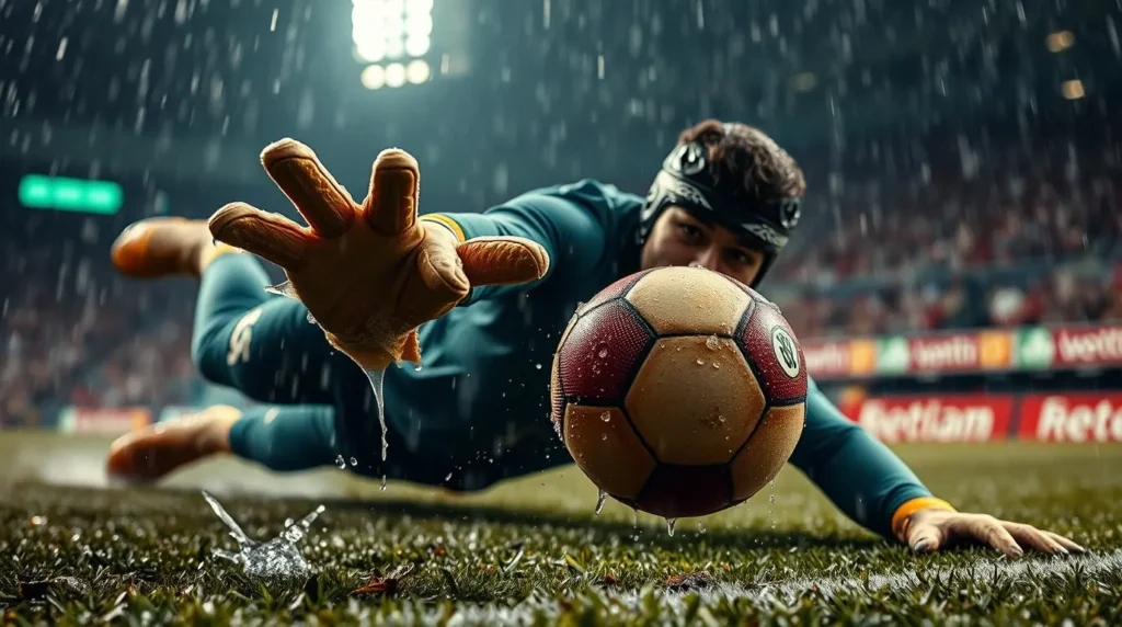 Goalkeeper Save in the Rain – 4K Football Wallpaper