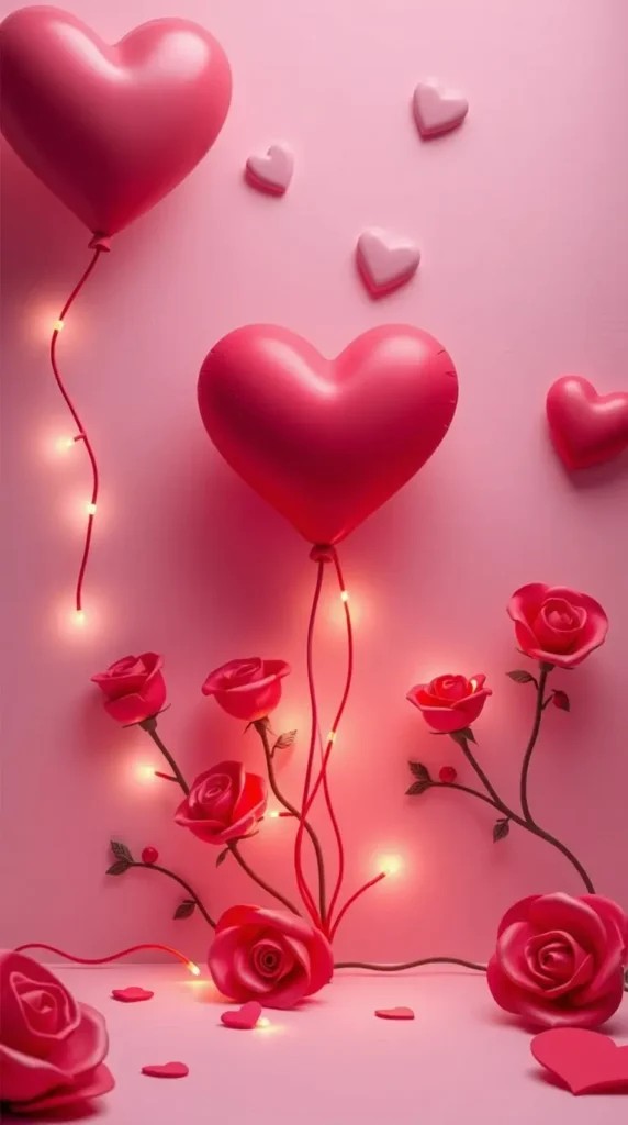 Romantic Valentines Day Heart shaped Balloons with Roses