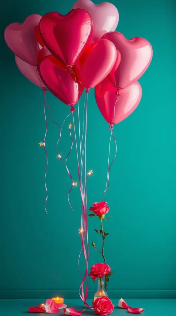 Romantic Valentines Day Pink And Red Heart Balloons With Roses